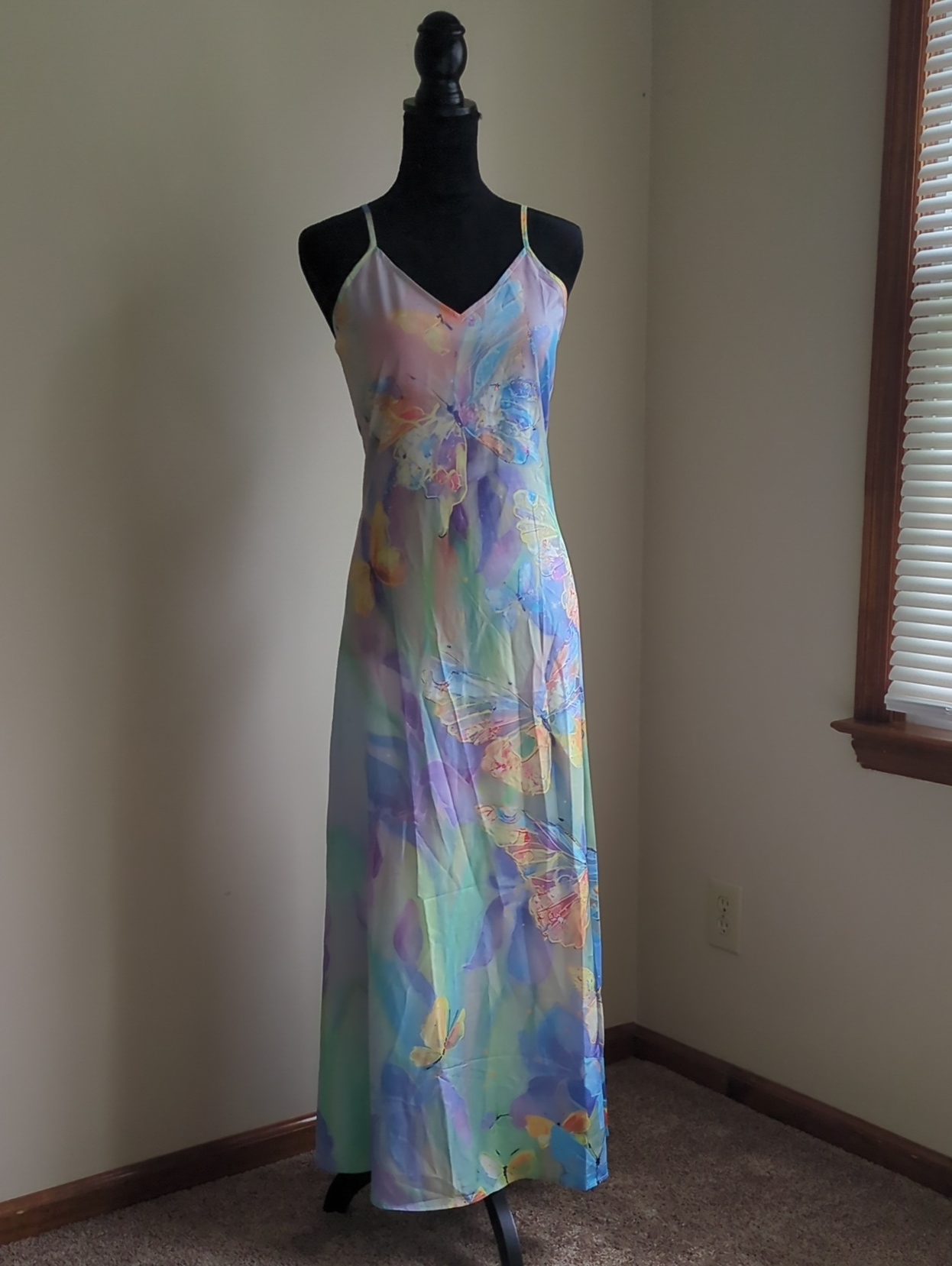 Pastel Multicolor Butterfly Maxi Slip Dress With V-Neck
